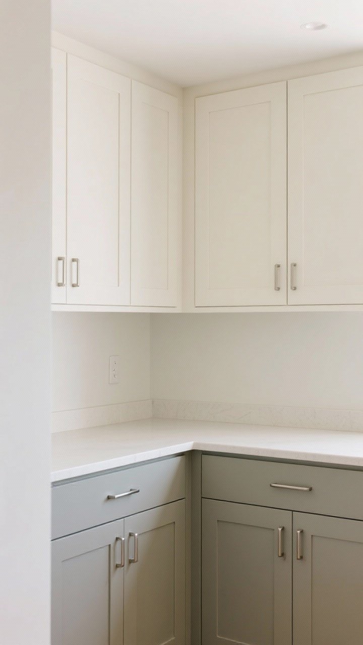 Medium shot from a corner angle: Two-tone cabinetry with very light cream uppers and slightly deeper greige lowers (gentle 2–3 step contrast), consistent brushed hardware on both, a continuous pale countertop unifying the run, and simple styling that draws the eye upward for a taller, open feel.