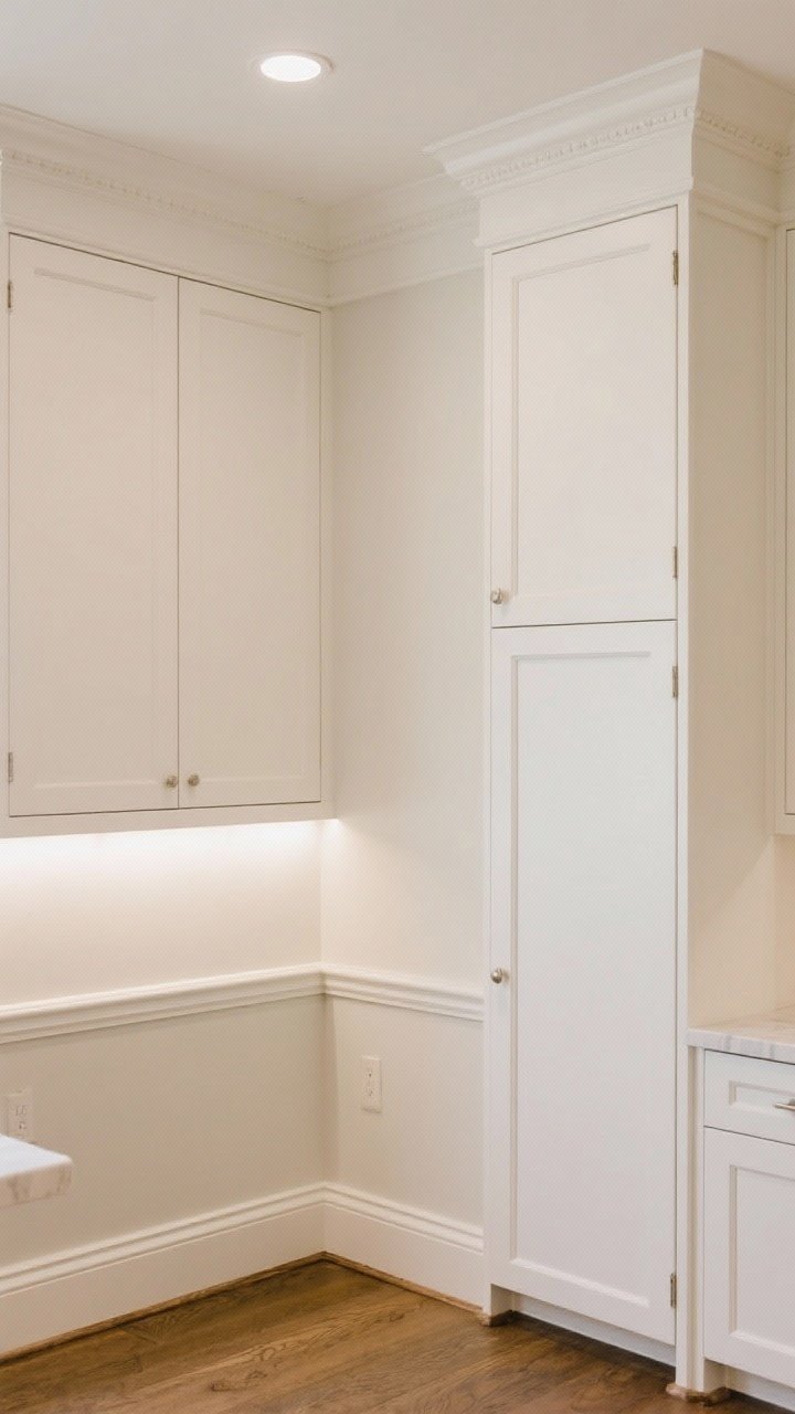 Medium shot from a corner angle: upper kitchen cabinets with newly added crown moulding meeting the ceiling, light rail moulding under the uppers concealing slim LED strips, and toe kicks finished with baseboard/shoe mould. Include a slab door transformed with applied shaker trim on one section. Everything in paintable MDF, caulked and sanded, painted in a seamless satin warm white that reads as one built-in.