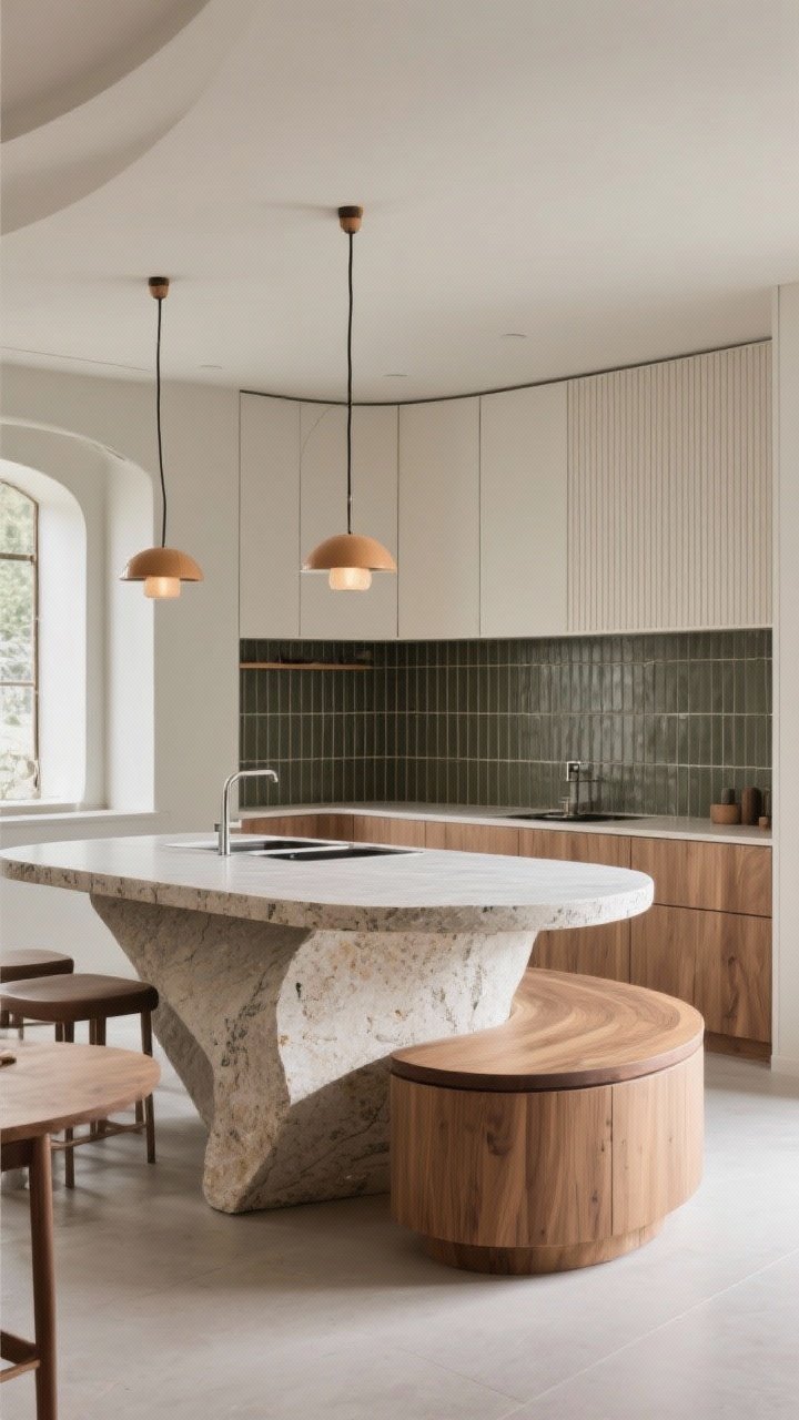 Medium shot from a diagonal angle: A sculptural island with a pill-shaped stone countertop and an asymmetrical profile—one straight prep side and a rounded seating side featuring a half-moon wood dining ledge; contrasting linear backsplash tile and ribbed cabinetry to emphasize the curves; soft edges, no sharp corners; balanced daylight and warm pendants to highlight the form, no people, photorealistic.