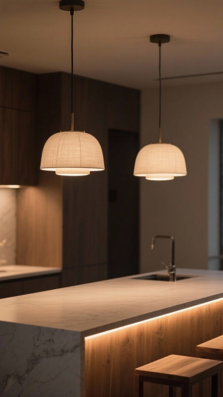 Medium shot from a slight corner angle: Layered lighting over a minimalist island—two linen or frosted glass pendants casting a soft halo above, warm 2700–3000K glow, and hidden LED strips tucked under the island counter lip for under-glow; dimmable ambiance, clean lines, wood or stone surfaces subtly illuminated, cozy mood engineering without harsh hotspots.