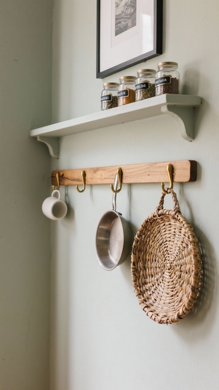 Medium shot from a slight corner angle of a European-utility inspired wall: a continuous natural wood peg rail painted to match the wall color for a built-in vibe, with brushed brass hooks holding mugs, a lightweight pan, and a woven basket; above it, a narrow picture ledge with neatly labeled glass spice jars; comfortable hook height, warm daylight, calm and practical styling