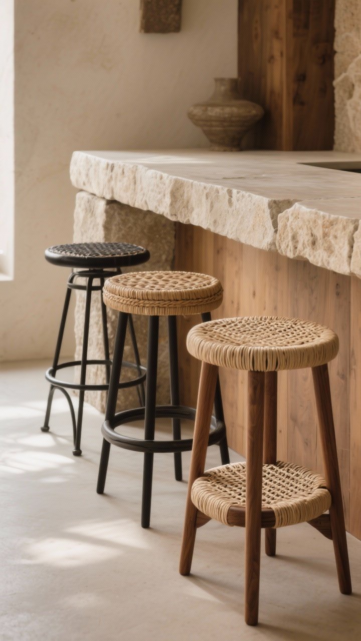 Medium shot from corner angle: Three island stools with woven paper cord seats and walnut frames, integrated footrests, tucked neatly under a stone overhang; one stool in blackened metal frame with cane seat for mixed texture; warm neutral surroundings with stone and wood surfaces complementing the woven tactility; soft daylight for a cozy, artisanal vibe, photorealistic.