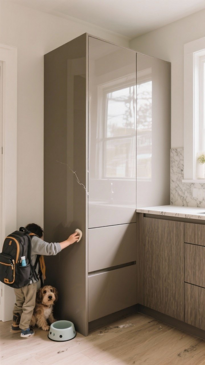 Medium shot from waist height: Family-proof kitchen corner showing textured matte laminate lower cabinets in warm gray (camouflaging scuffs) and a high-gloss acrylic tall pantry panel with a protective topcoat. Include a backpack gently brushing a lower cabinet and a pet bowl near the toe-kick to imply daily abuse; soft morning light. Show a tiny scratch more visible on the glossy surface, while the textured matte hides wear. Counters in durable quartz, neutral backsplash.