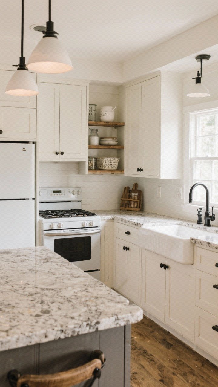 Medium shot: Functional rustic layout showing an efficient work triangle—panel-ready fridge, range, and farmhouse sink thoughtfully spaced. Closed cabinetry hides everyday items, with one styled open shelf for display. Durable finishes: sealed stone counters, wipeable warm white paint, and comfortable, non-snag matte black bin pulls. Bright task lighting over prep zones.
