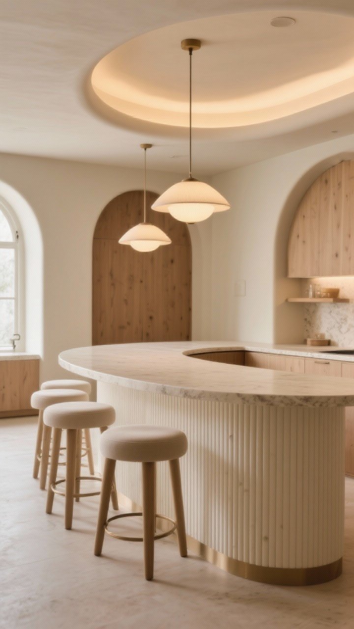 Medium shot highlighting a curvy, soft-edge island with a rounded profile and softly radiused corners; base clad in fluted paneling for tactile texture; half-moon overhang with rounded-back stools arranged conversationally; arched pendant lights echo the curves; neutral palette with pale wood and creamy stone; warm 2700K lighting for an inviting feel; photographed from a gentle corner angle to accentuate the flow and safety of soft edges; no people