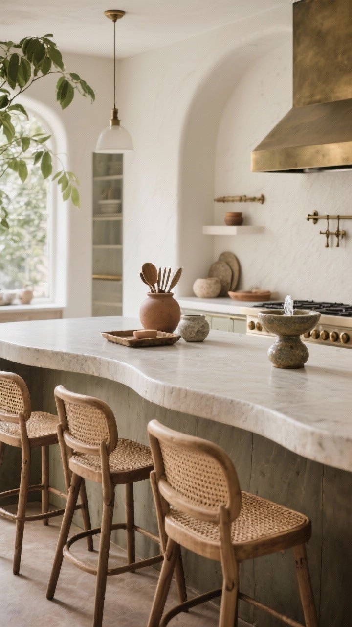 Medium shot highlighting biophilic details: a kitchen island with gently curved edges, rattan or cane bar stools, stone and clay accessories (utensil crock, tray, vase) on a honed counter, and matte brass or antique bronze hardware with a lightly hammered texture; include a small ceramic tabletop fountain as a subtle water element; calm, natural lighting.