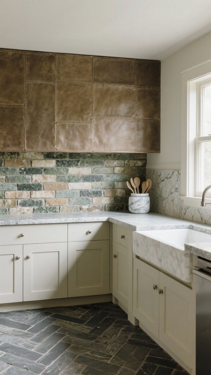 Medium shot highlighting earthy materials: a stacked stone or brick veneer backsplash, leathered granite or soapstone countertops, and slate flooring laid in a herringbone pattern; muted palette of moss, oatmeal, charcoal, and cream; include a small marble utensil crock on the counter; soft natural side light to reveal texture, straight-on composition, photorealistic.