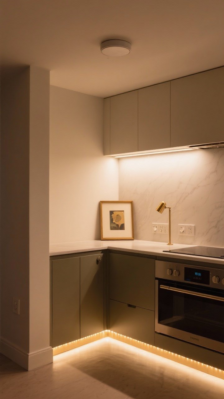 Medium shot highlighting layered lighting: A small kitchen lit like a boutique—low-profile flush mount providing ambient light, warm dimmable under-cabinet LED strips (2700–3000K) illuminating the counters for task lighting, and a tiny brass picture light accenting a small art piece; subtle toe-kick LEDs adding depth along the base cabinets; dimmers visible on the wall.