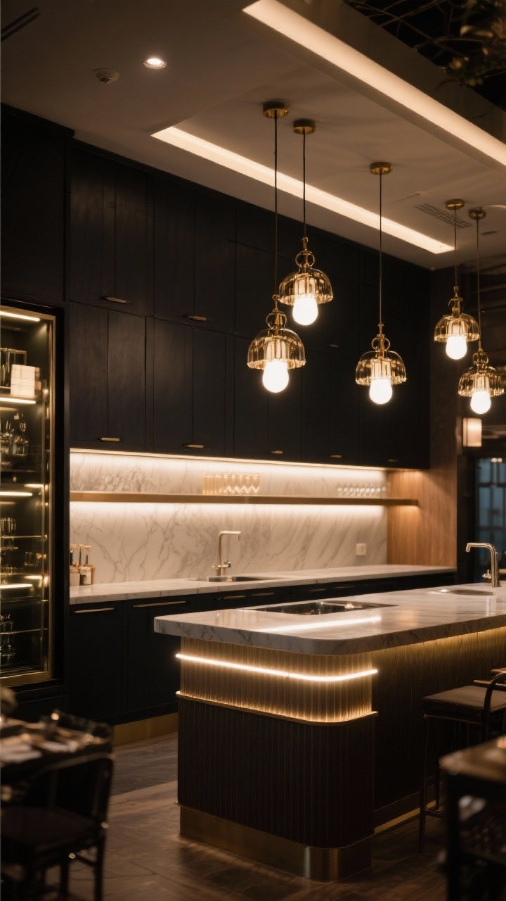 Medium shot highlighting layered lighting like a restaurant: dark cabinetry illuminated by three layers—recessed ambient lights, bright task under-cabinet LED strips making the counters gleam, and decorative pendants or sconces for accent; warm white bulbs at 2700–3000K, dimmable mood; optional LED strip lighting inside a glass-front cabinet for a boutique glow; photorealistic.