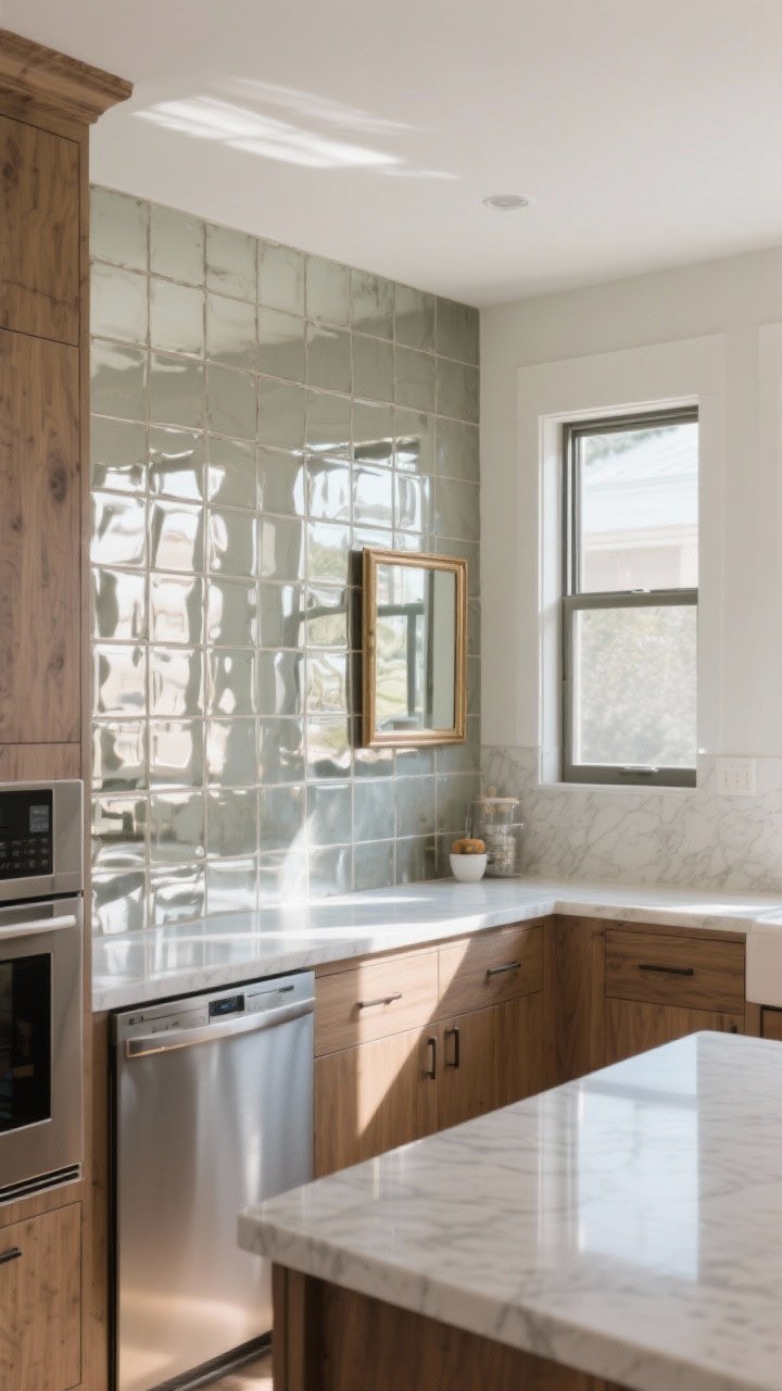 Medium shot highlighting reflective finishes that bounce light: a glossy ceramic or antiqued mirrored tile backsplash catching soft daylight, polished quartz countertops subtly reflecting objects, stainless appliances or panel-ready fronts that blend with cabinetry, and a small framed mirror placed opposite a window to fake a second view; balance with matte wood accents to avoid over-gloss; bright, neutral lighting; slight diagonal angle to capture reflections.