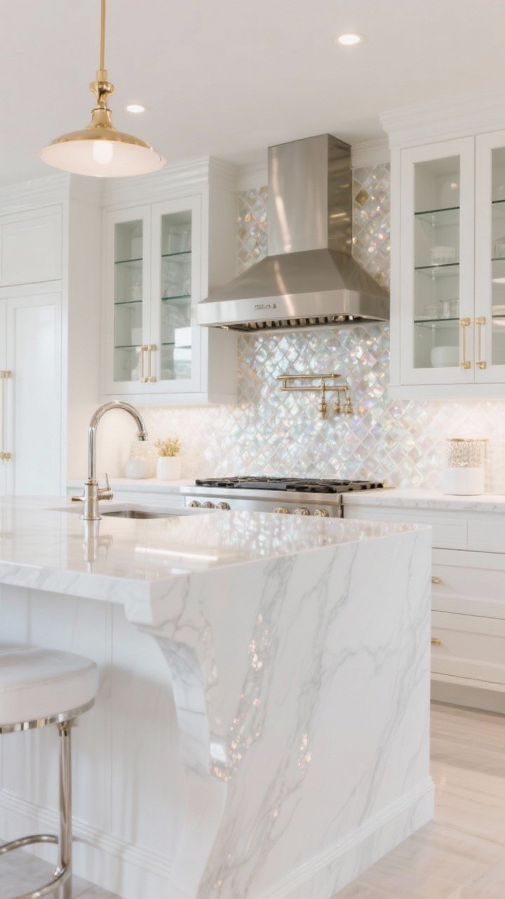 Medium shot, island focus: Glam white kitchen with subtle sparkle—polished nickel or champagne brass fixtures, glossy high-gloss ceramic backsplash or a small field of mother-of-pearl mosaic, and a waterfall-edge island. Add glass display cabinets and a statement range hood. Controlled, sophisticated shine with cohesive palette, soft reflective lighting, photorealistic.