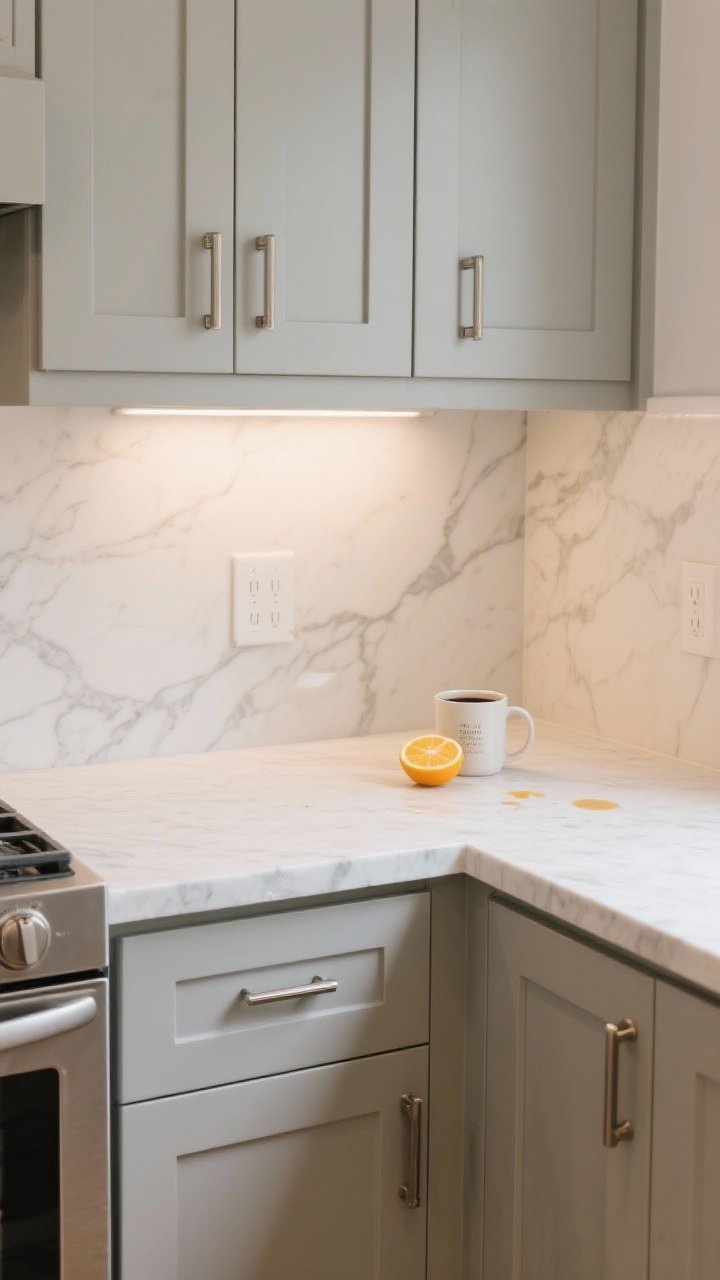 Medium shot: Longevity-focused vignette—matte mid-tone greige cabinet doors that hide fingerprints, paired with marble-look quartz (stain-resistant) in a family-friendly kitchen; include a neutral backsplash chosen last that bridges cabinet and counter, polished nickel hardware for broad appeal; show a coffee mug and a citrus slice to imply real-life spills; soft ambient lighting for a lived-in feel.