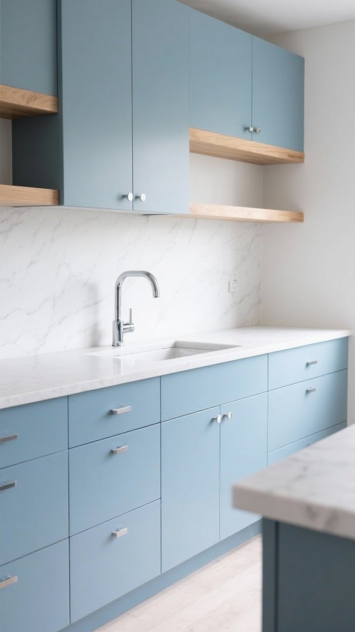 Medium shot: Misty blue cabinets (BM Nimbus or SW Misty) under white quartz counters with light oak open shelves above; polished nickel or chrome faucet and pulls, consistent cool-blue undertones, and gentle morning light; the scene styled minimally for a modern coastal/Scandinavian mood, captured straight-on for a calm, receding effect.