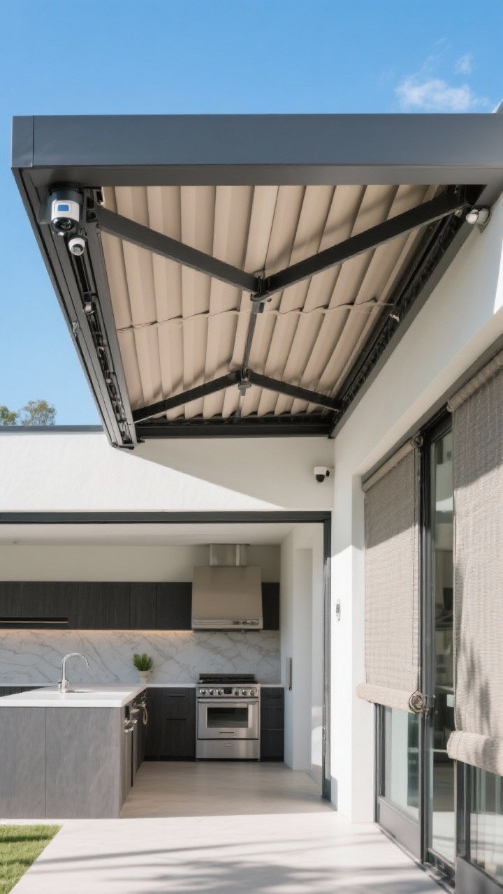 Medium shot — Motorized retractable louvered roof over an outdoor kitchen mid-transition, one half open to blue sky, the other closed. Outdoor-rated fabric elements (Sunbrella-style canopy panels), discreet rain sensor on the frame. Side screens partially lowered along one edge for wind/bug control without blocking the view. Soft daylight with crisp shadows, mood: adaptable, high-tech comfort.