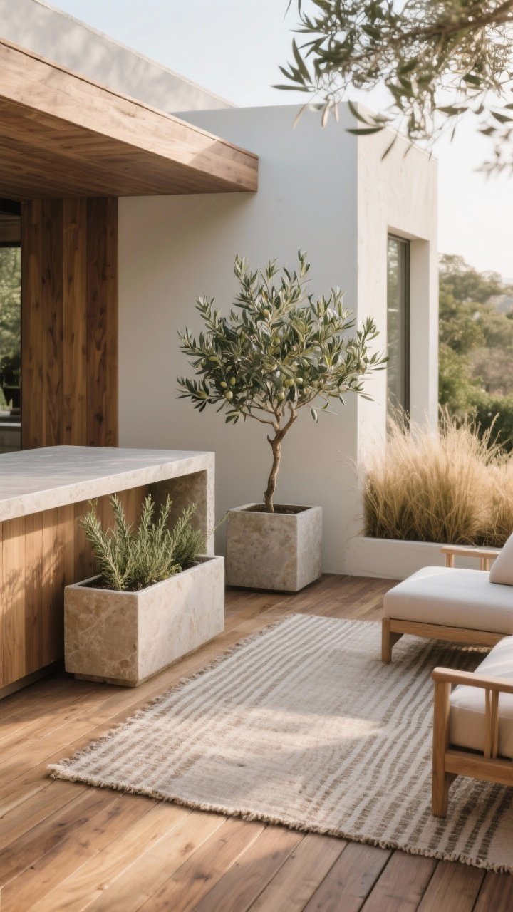 Medium shot: Natural textures with restraint—straight-lay decking in thermally modified ash, a smooth honed stone counter, and oversized trough planters each with a single plant type (olive tree, rosemary, or ornamental grasses); a flatweave outdoor rug in a faint stripe anchors a small seating area; finishes chosen to weather gracefully, oiled wood glow, soft afternoon light, photorealistic.