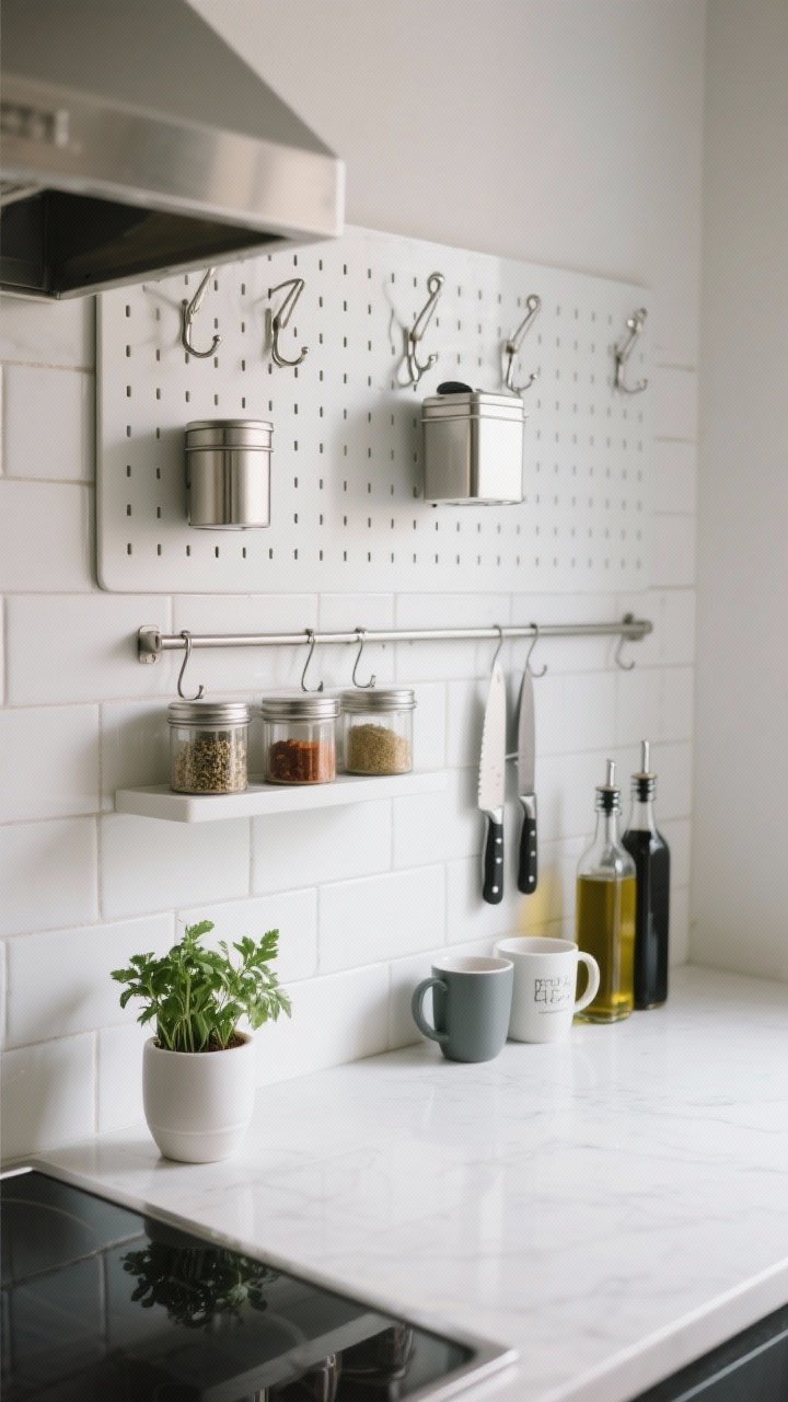 Medium shot of a backsplash rethought as storage: a matte white tile backdrop outfitted with a metal pegboard hosting flexible hooks and small containers, a slim rail with a shallow shelf displaying spices and a tiny potted herb, magnetic strips holding knives and metal spice tins, and a skinny 3–4 inch ledge supporting favorite mugs and oil bottles. Curated, uncluttered arrangement, renter-friendly feel, soft daylight, neutral tones with brushed steel accents.