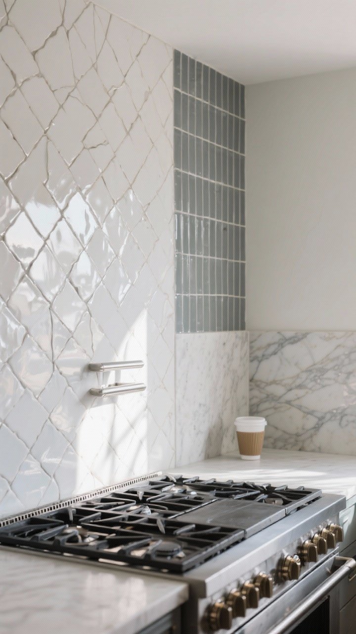 Medium shot of a backsplash wall showcasing personality: hand-cut white zellige tiles with subtle sheen running to the ceiling behind the stove, contrasting medium-gray grout to highlight texture; include a narrow slice of adjacent wall featuring vertically stacked subway tile to suggest a modern twist; a marble-look quartz slab behind a small coffee corner for a luxe, seamless vibe; sealed, clean surfaces; morning light grazing the tiles to reveal artisanal texture; straight-on view centered on the range area