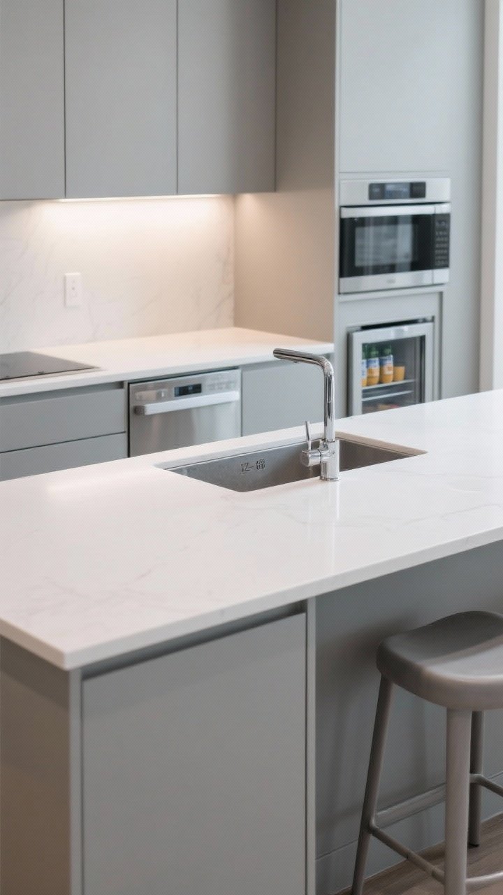 Medium shot of a balanced island with one hero feature: a central sink with 12–18 inch landing zones both sides, uninterrupted counter stretches elsewhere; a discreet drawer microwave on the stool side and a compact beverage fridge door ajar, keeping the cook zone clear; matte white counters, soft gray cabinetry, no cooktop on island, subtle under-cabinet glow; eye-level angle emphasizing uncluttered workspace