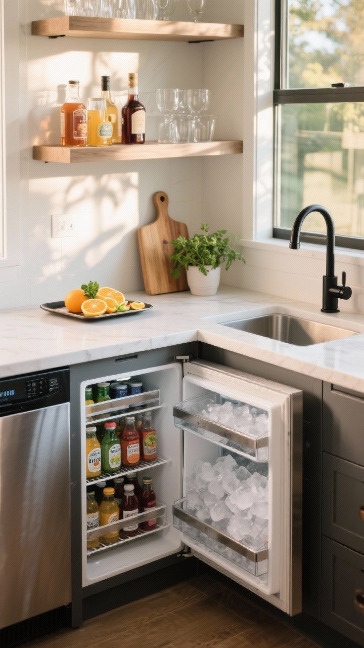Medium shot of a beverage center: an undercounter drawer fridge opened to reveal neatly arranged drinks at kid height; a stainless ice maker beside a drop-in cooler filled with ice; a compact bar sink with a matte black faucet; open shelves styled with glassware, syrups, and a few bottles; a tray with citrus garnishes, a cutting board, and a small potted herb; warm afternoon light reflecting in glass; straight-on composition for easy readability.