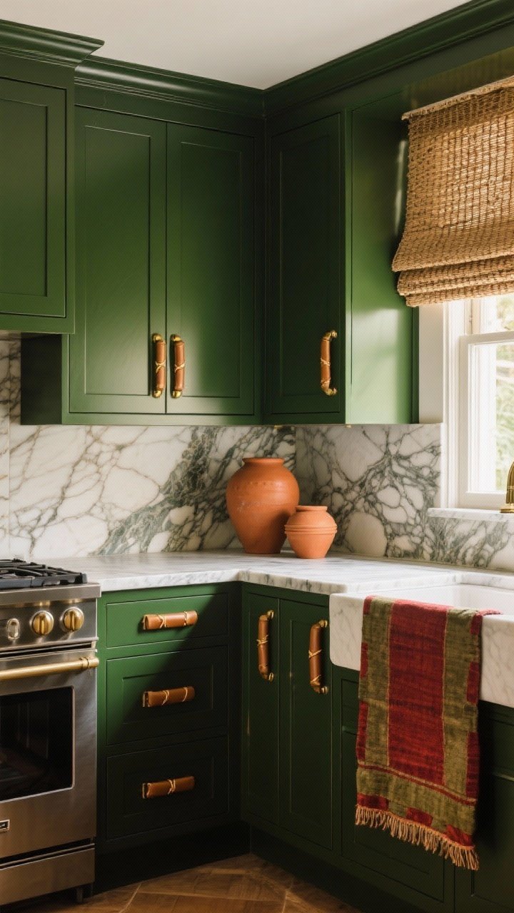 Medium shot of a boutique-hotel-inspired kitchen corner: forest/hunter green satin-finish cabinets with gold and leather-wrapped pulls; veined natural stone countertop and backsplash; terracotta accent pottery on the counter; woven Roman shades filtering warm daylight; a vintage runner with muted reds and olives partially in frame; mood is grounded, lush, and sophisticated; shot from a slight angle to show texture play.