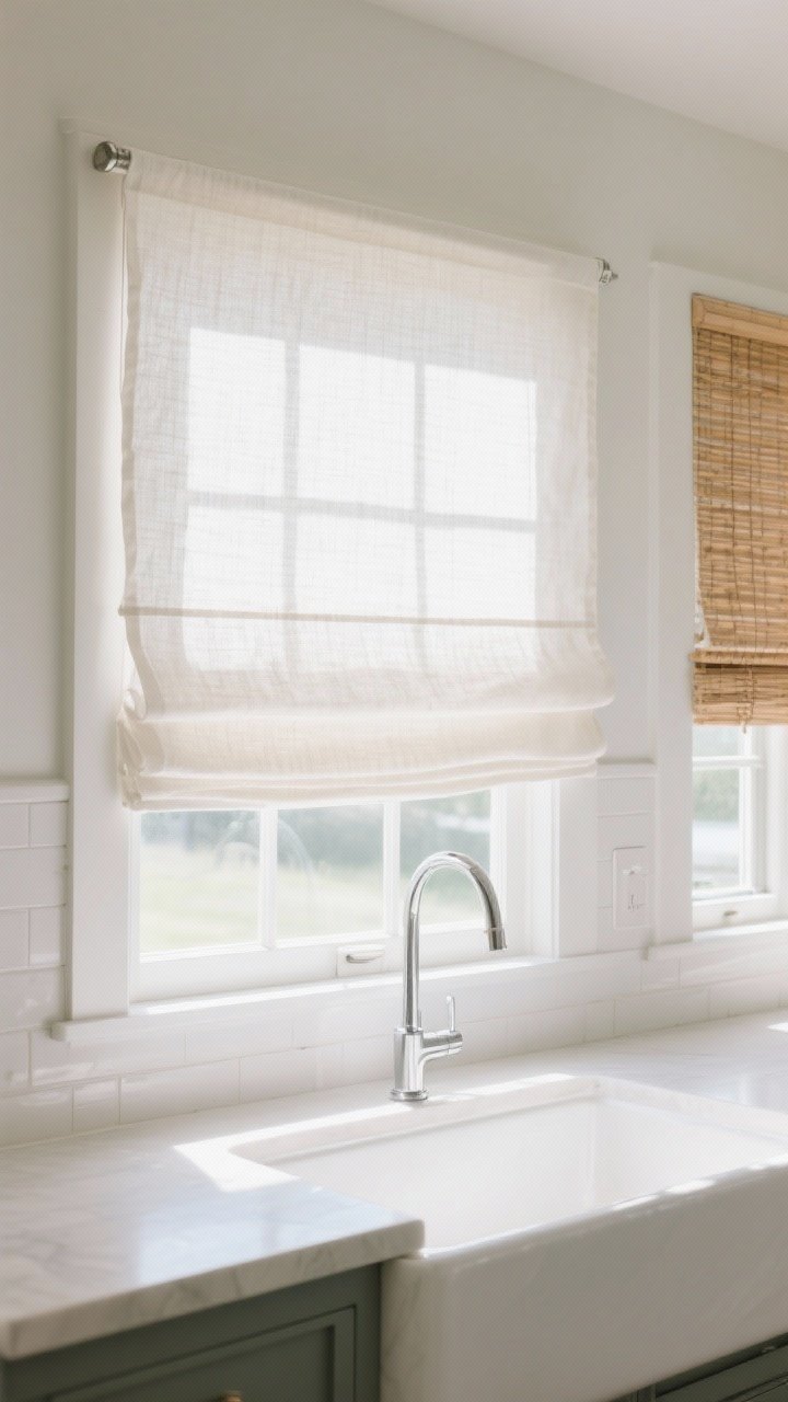 Medium shot of a bright kitchen window: simple linen Roman shade in a soft off-white with subtle texture, mounted cleanly with sleek, minimal hardware; abundant natural light flooding a white apron-front sink and light counters; no heavy valance or bold patterns; woven wood blind option visible on an adjacent smaller window for continuity.
