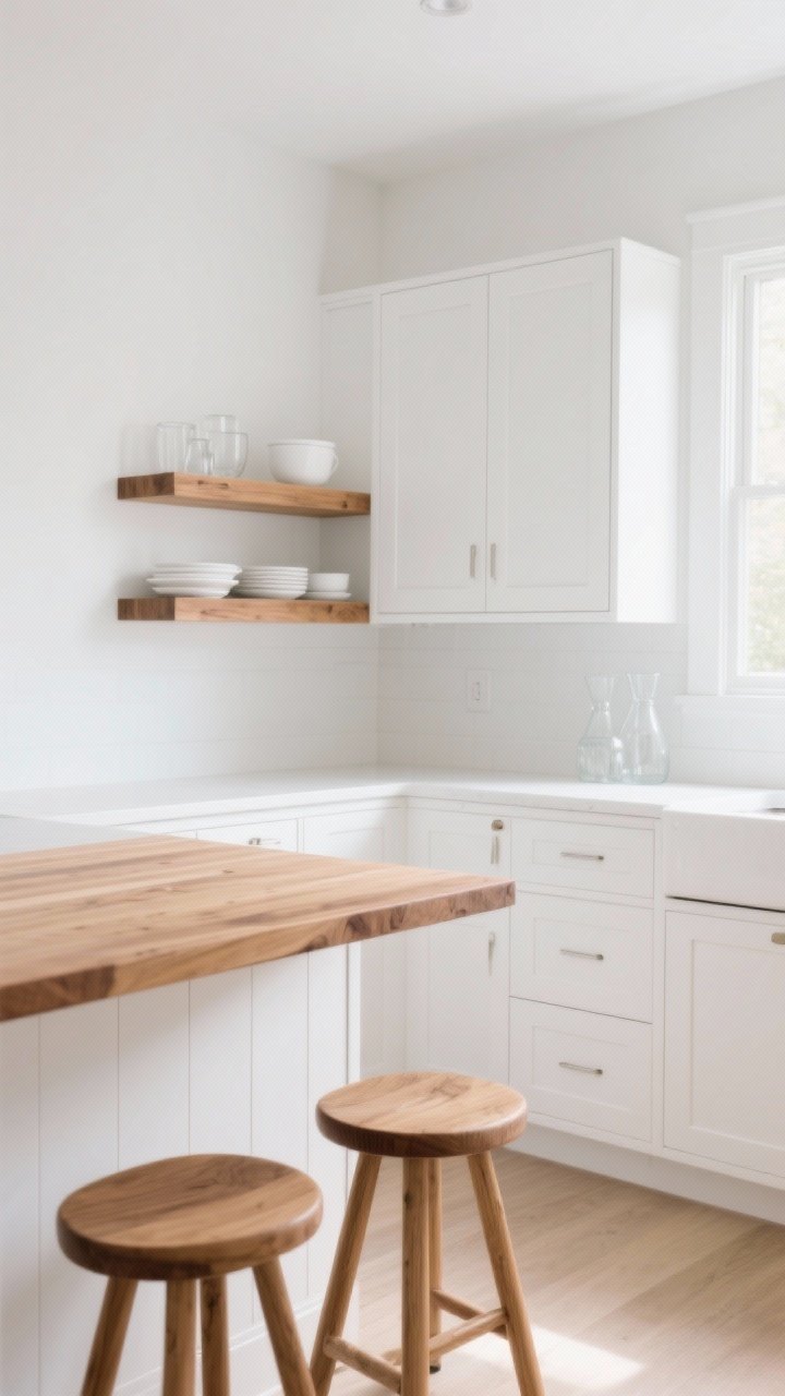 Medium shot of a bright white kitchen corner featuring warm wood accents: white flat-panel cabinetry and walls paired with a single butcher-block island top in white oak, matching floating shelves in white oak styled minimally with white dishes and a few glass pieces, and two simple wood stools; consistent single wood tone, soft morning light, clean and inviting; straight-on perspective, photorealistic.
