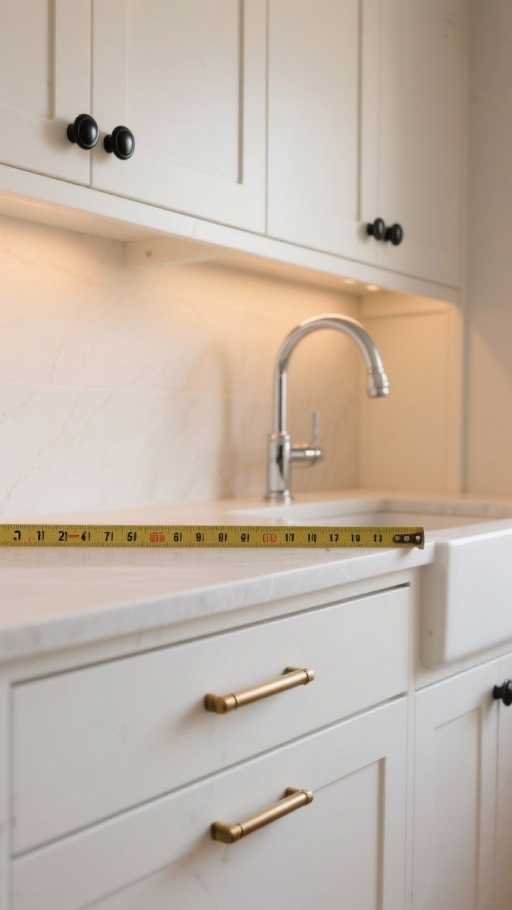 Medium shot of a cabinet bank showcasing mixed but cohesive hardware: matte black knobs on upper doors and brushed brass bar pulls on lower drawers, with a classic chrome faucet visible in the background for contrast; straight-on perspective with soft warm indoor lighting (2700–3000K); include a measuring tape laid across a removed pull showing hole spacing on the counter; clean white cabinetry, no people, photorealistic.
