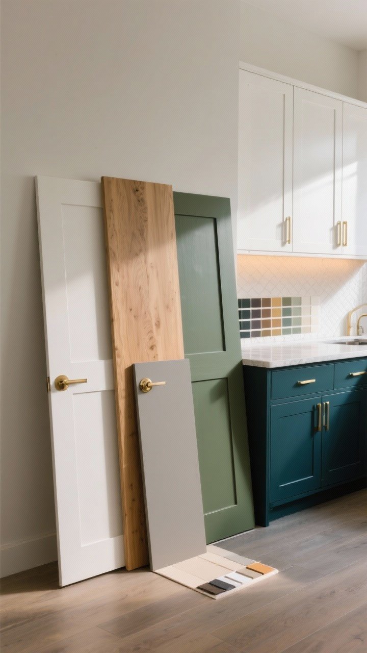 Medium shot of a cabinet color testing vignette: large sample doors propped against a backsplash with paired countertop and floor samples; include swatches in warm white with natural oak, greige with brass hardware, and deep green/navy lower with a white upper; scene shown with morning light on one side and warm artificial light on the other to reveal undertone shifts; neutral background, no people, photoreal color accuracy.