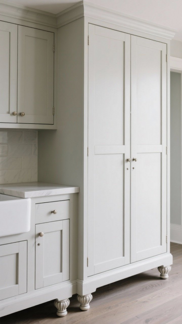 Medium shot of a cabinet end and base: a visible side finished with shaker end paneling, applied stiles between double doors, and decorative furniture feet added to the sink base and island front. Everything painted to match in satin finish for a built-in, furniture-style look. Slight side angle to accentuate depth and shadows around the panels and feet.