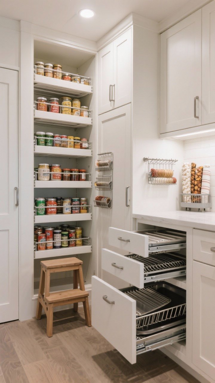 Medium shot of a cabinet interior and vertical storage: ceiling-height pantry cabinets with a small step stool leaning nearby, pull-out pantry drawers extended showing organized cans and jars, roll-out shelves with tiered organizers, and door-mounted racks for spices and wraps. Adjacent base cabinet open to reveal sheet pan dividers and a tidy pan lid organizer. Bright, even task lighting and a practical, organized feel. Straight-on perspective.
