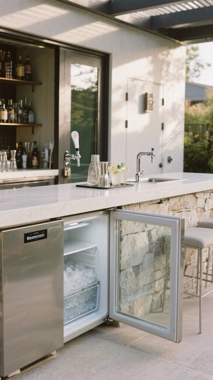 Medium shot of a chill beverage zone: outdoor-rated undercounter fridge with glass door, pull-out ice well with drainage, sleek kegerator tap on the counter, plus a dedicated mocktail station with a sparkling water tap; stainless and stone finishes, locking doors visible; soft afternoon light, barware neatly arranged for a real outdoor bar feel