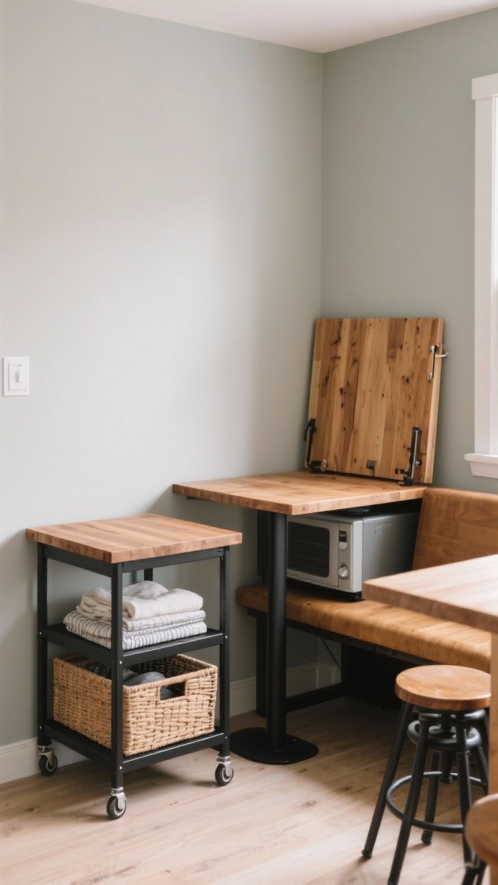Medium shot of a compact eat-in kitchen corner showcasing double-duty furniture: a natural wood drop-leaf table partially folded against a pale gray wall, a counter-height rolling cart with butcher-block top and matte black frame serving as a mini island with storage baskets below, bench seating with a lift-up seat revealing neatly stashed linens and a small appliance, and two stackable stools tucked under a counter. Warm ambient daylight, subtle wheels visible, clean lines, light, low-contrast color palette.