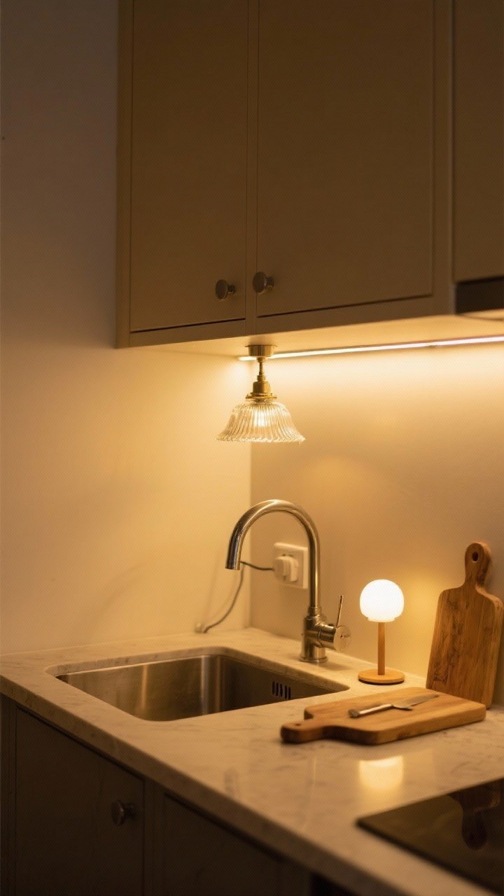 Medium shot of a compact kitchen sink wall with layered warm lighting: plug-in LED under-cabinet strips casting a gentle glow on the countertop, a small glass pendant over the sink, a tiny table lamp on the counter near a cutting board, all bulbs at 2700–3000K for a golden ambiance. Matte hardware, creamy cabinets, evening lighting with no harsh overhead glare, cozy café vibe.