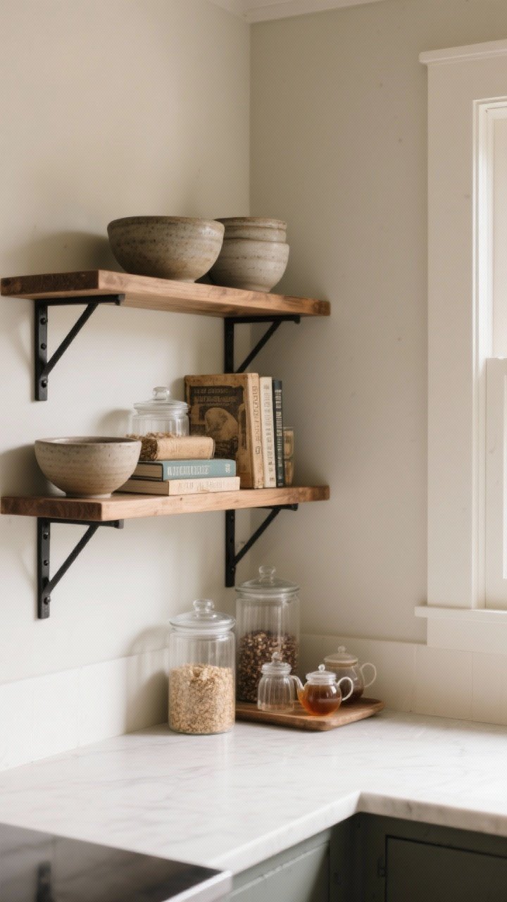 Medium shot of a corner with open solid-wood shelves on black metal brackets; shelves styled intentionally with stoneware bowls, clear glass canisters of dry goods, a couple of worn-in cookbooks, and curated groupings like a tea station; visible negative space for a calm, curated look; neutral farmhouse palette; gentle morning light; angled perspective from the counter level, no clutter beyond what’s described.