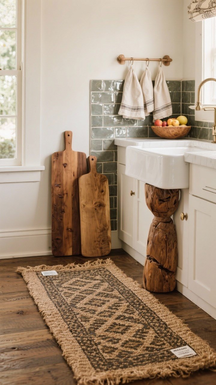 Medium shot of a cozy kitchen corner emphasizing texture: a washable vintage-look patterned runner layered over a jute mat along the sink, warm wood bread boards leaning against a cool glossy tile backsplash, a chunky wooden pedestal holding fruit, and neatly hung linen tea towels. Soft afternoon light, warm woods balancing cool stone. Machine-washable rug tag subtly visible; rich fabric weaves and natural grain highlighted.