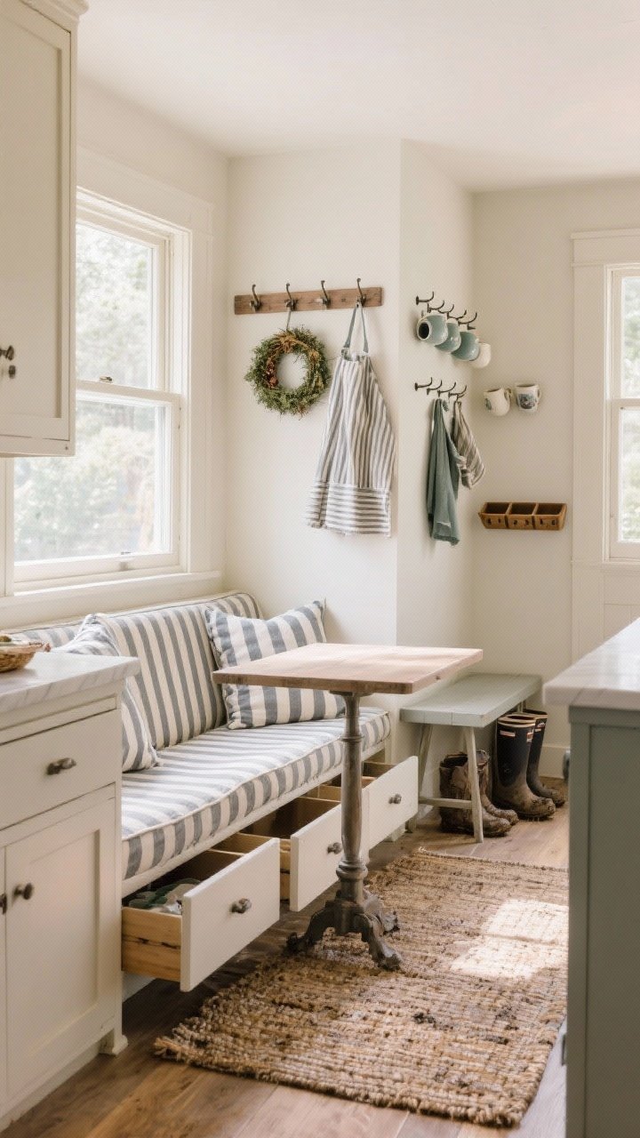 Medium shot of a cozy nook that bridges kitchen and mudroom: built-in banquette under a window with striped ticking cushions and washable covers, under-seat storage drawers slightly ajar; peg rail around the dining nook holding mugs, aprons, and a small wreath; adjacent mini mudroom zone with pegs, a simple bench, and boot trays with muddy boots; a flatweave rug under a small table; soft daylight for a lived-in feel.