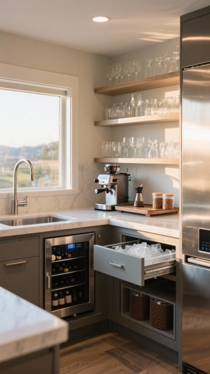 Medium shot of a dedicated beverage/breakfast station built into the island: a compact prep sink nearby, a wine fridge drawer, an undercounter ice maker, open shelves with neatly arranged glassware, and a pull-out tray showcasing an espresso machine; include a grinder drawer and canister inserts for beans; warm morning light streaming in, with reflective highlights on stainless appliances; corner perspective for layered depth