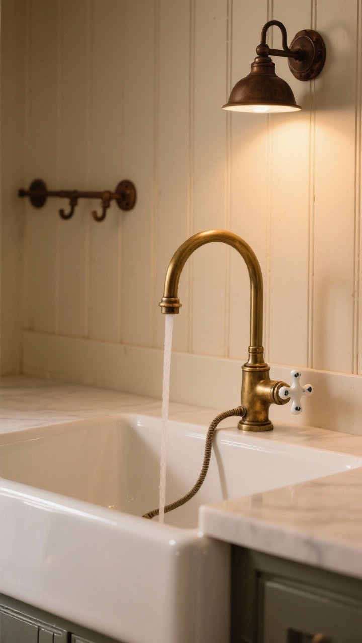 Medium shot of a farmhouse sink area featuring a wall-mounted bridge faucet in antique brass with porcelain cross handles, coordinated but not perfectly matched to nearby oil-rubbed bronze hardware. High-arc spout over a white apron-front sink, subtle pull-down sprayer visible. Warm ambient light glows at 2700–3000K, beadboard backsplash in a warm neutral behind, capturing old-soul charm without feeling fussy.