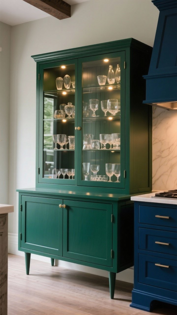 Medium shot of a freestanding statement hutch: glass-front uppers showcasing pretty glassware softly lit with tiny puck/LED lights, closed lower cabinets hiding clutter; painted a deep green or inky blue for custom luxe feel; shallow 12–14 inch profile with tall legs to keep it airy; styled but not crowded; warm accent lighting against a neutral kitchen backdrop