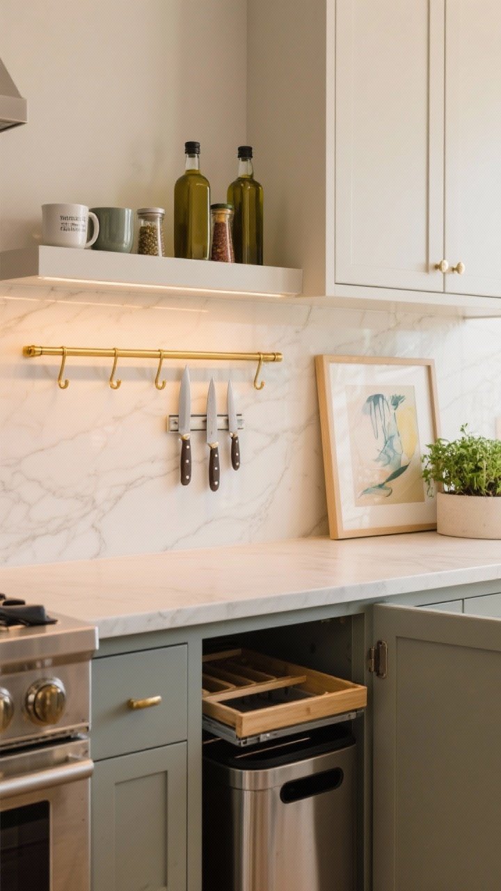 Medium shot of a functional, designer-detail zone: a slim brass gallery rail atop a shallow cabinet corralling olive oil bottles and spices, a slim ledge shelf mounted under uppers displaying mugs, a small art print, and a mini herb garden. Below, a cabinet door ajar reveals a pull-out trash system and tray dividers; a magnetic knife strip sits on the backsplash showing polished knives. Coordinated brass finishes for rails, hooks, and hardware. Warm ambient lighting.