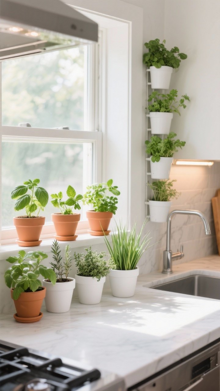 Medium shot of a functional kitchen herb garden: a sunny windowsill lined with uniform terracotta and matte white pots holding basil, mint, parsley, thyme, rosemary, and chives; include a vertical wall-mounted planter near the sink, and discreet full-spectrum under-cabinet grow lights illuminating the herbs; bright, natural daylight with a clean, chef-at-home vibe.