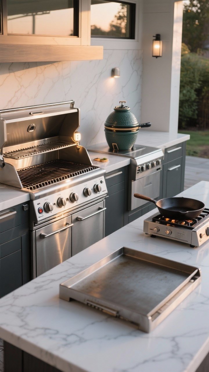 Medium shot of a grill lineup showing an upgraded appliance mix: a stainless gas grill with a built-in thermometer and attached grill light shining on grates; a ceramic kamado smoker beside it; a separate side burner with a cast-iron pan; a flat-top griddle station ready for smash burgers; clean, durable porcelain-slab countertop; early evening light with a slight sheen on metal surfaces; angled perspective emphasizing variety and capability.