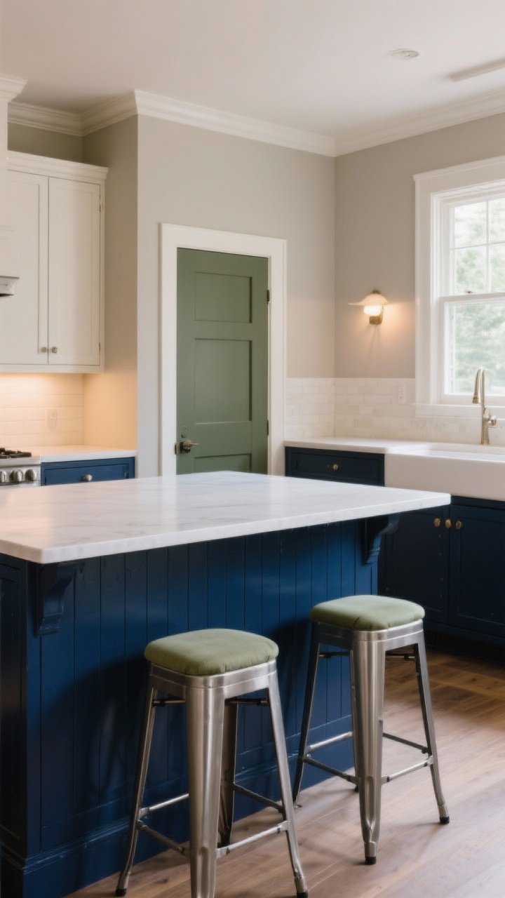 Medium shot of a kitchen island painted deep navy with satin finish, contrasting against warm white perimeter cabinets; include matching navy-painted lower cabinets on one side. Add brushed nickel bar stools with muted sage seat cushions as color accents. Natural daylight from a nearby window plus warm 2700K ambient lighting. Composition shows one bold painted element transforming the space; calm, elevated mood with navy and charcoal undertones, warm greige walls, and a single statement pantry door in muted olive visible in the background.