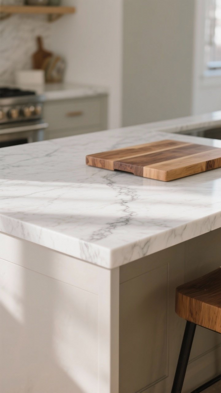 Medium shot of a kitchen island showcasing an upgraded countertop: marble-look white quartz with subtle gray veining in a thin porcelain-like profile and a single-sided waterfall edge; warm butcher block cutting board layered on top for contrast; base in neutral paint, clean lines; soft morning light glinting off the polished surface; three-quarter angle from the corner, photorealistic.
