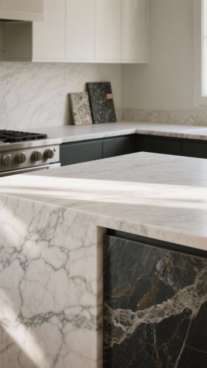 Medium shot of a kitchen island showcasing graceful-aging stone countertops: a honed marble slab with subtle veining alongside a soapstone section deepening to charcoal, with a small sample board of quartz and granite nearby; soft afternoon light glancing across the surfaces to reveal patina and texture; include sealed edge detail, natural variations visible; timeless, low-drama vibe.