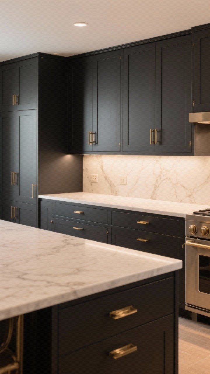Medium shot of a kitchen run featuring dark satin or semi-matte cabinet fronts (not dead-flat), paired with brushed brass or champagne bronze hardware; light quartz or creamy marble-look countertops brighten the palette; balanced soft sheen that reflects a gentle glow; warm, even lighting that suggests good natural light without glare; photorealistic.