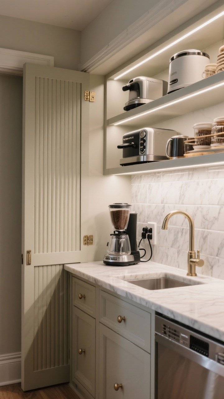 Medium shot of a mini butler’s pantry nook: matching countertop and backsplash materials as the main kitchen, tambour/pocket doors slid open to reveal shelves with neatly arranged small appliances (espresso machine, blender) plugged into interior outlets; cohesive finishes, subtle under-shelf lighting; optional hot-water tap visible for coffee bar vibe; organized, functional, and elegant
