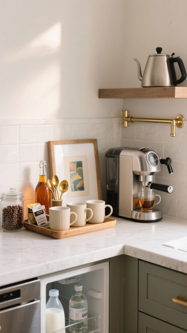 Medium shot of a mini coffee/beverage station in a kitchen corner: a shallow wooden tray corralling neutral ceramic mugs, gold-toned spoons, and amber glass syrup bottles; glass jars with whole beans, tea sachets, and espresso pods; a small framed art print leaning against the backsplash; sleek espresso machine beneath a compact shelf; optional pot filler arm mounted above for a luxe touch; a drawer fridge below counter edge slightly ajar showing milk and sparkling water; soft morning light, corner angle