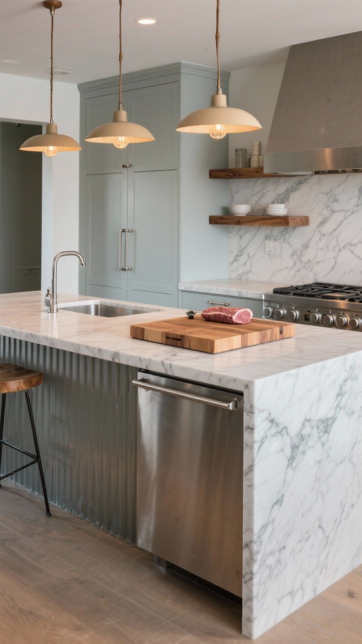 Medium shot of a mixed-material island: a marble slab main worktop with a butcher-block inset chopping zone and a small stainless-steel work pad near the cooktop area; base includes a metal-clad panel paired with painted cabinetry to avoid visual monotony; materials limited to two or three and repeated in the room (stainless hardware, wood shelves); balanced, curated mood with layered warm pendants; angled perspective showing purposeful zones; no people