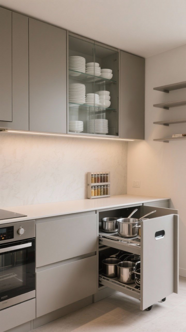 Medium shot of a modern kitchen wall showing a balanced mix: one glass-front upper displaying neatly stacked white dishes, surrounding solid-door cabinets, and deep lower drawers open to reveal organized pots and pans; a slim pull-out spice rack and a pull-out trash/recycling unit slightly extended; minimal clutter, matte finishes, soft warm lighting, corner angle for depth; avoid excessive open shelving to emphasize function over style.